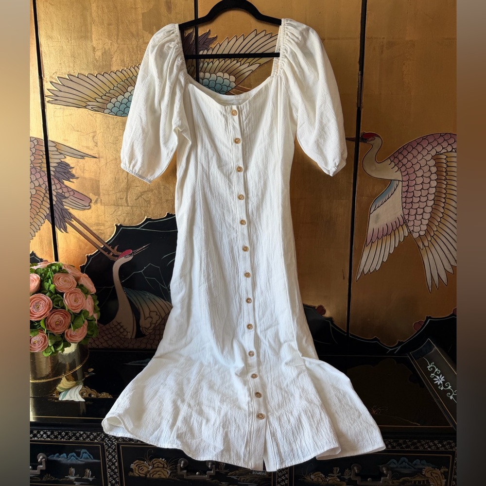 Urban Outfitters Maria White Puff Sleeve Button Front Midi Dress - Size M - Picture 3 of 6